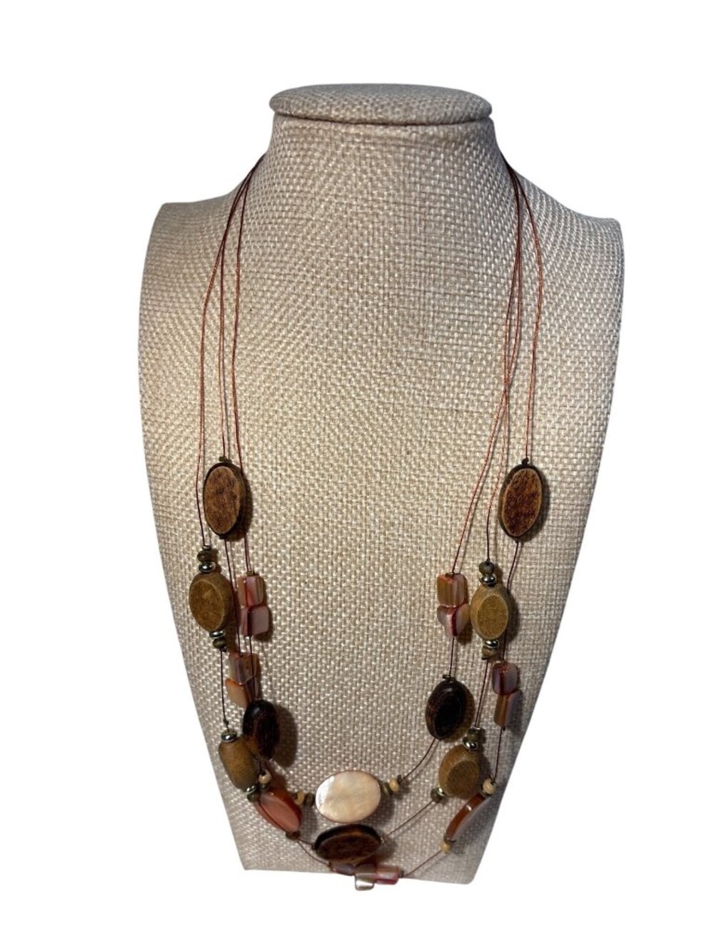 Wood Shell Bead Necklace 3 Strand With Lobster Clasp 20" Length